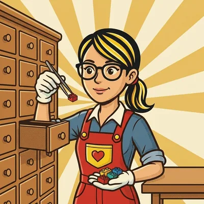 Belle sortiert mit einer Pinzette kleine Steine in einen Schubladenschrank