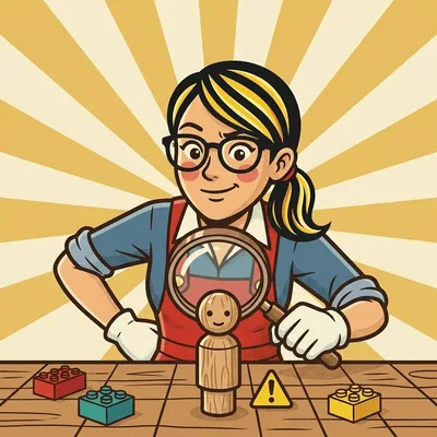 Belle untersucht eine Figur mit der Lupe auf Risse