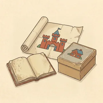 Ein altes Poster, ein Buch und ein Originalkarton